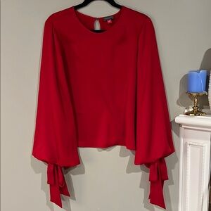 Vince Vibrant Red Long Sleeve Bell Sleeve Blouse with Asymmetrical Tie Front